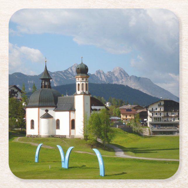 Kirche in Seefeld, Österreich-Untersetzer Rechteckiger Pappuntersetzer (Vorderseite)