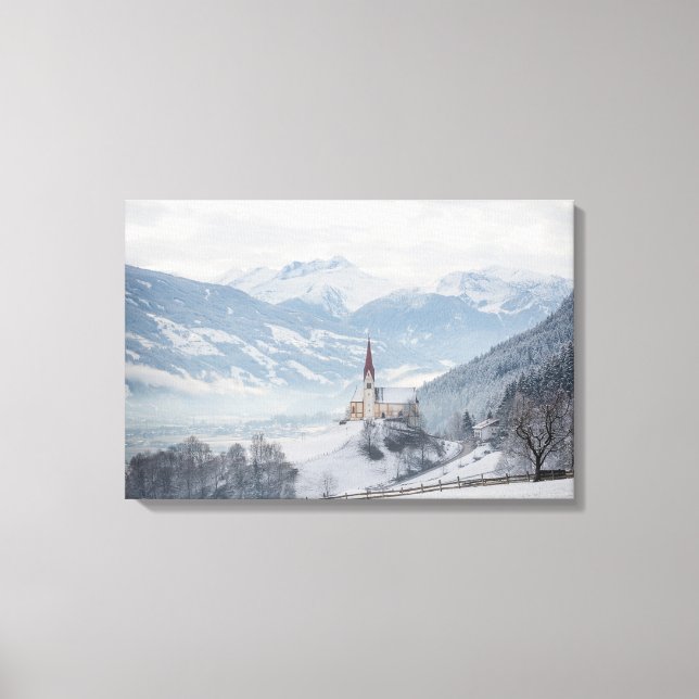 Kirche in Zillertal im Winter auf Leinwand drucksv (Vorderseite)