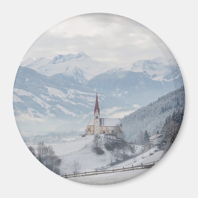 Kirche in Zillertal im Winter runder Magnet (Vorne)