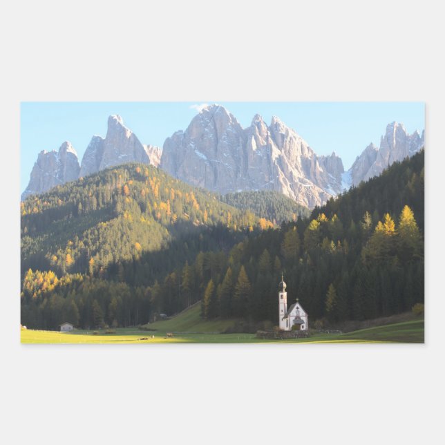 Kirche mit rechteckigem Aufkleber der Dolomiten (Vorderseite)