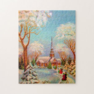 Kirche Schnee Szene Vintage Art Postkarte Puzzle