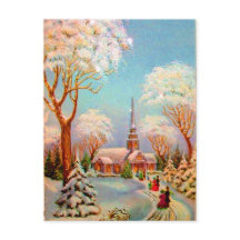 Kirche Snow Scene Vintage Kunst Postkarte
