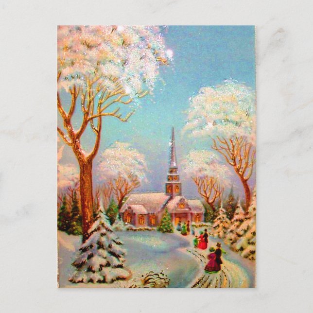 Kirche Snow Scene Vintage Kunst Postkarte (Vorderseite)