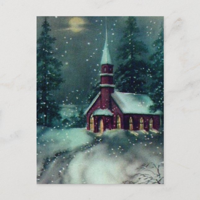 Kirche Snow Scene Vintage Kunst Postkarte (Vorderseite)