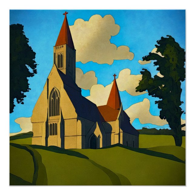 Kirche und Bäume im Sommer Poster (Vorderseite)