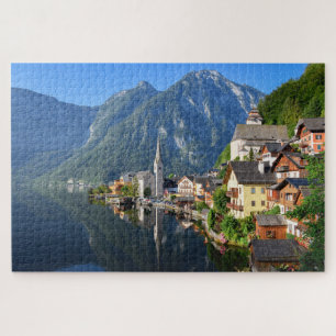 Kirche und Dorf Hallstatt, Österreich mit Alpen Puzzle