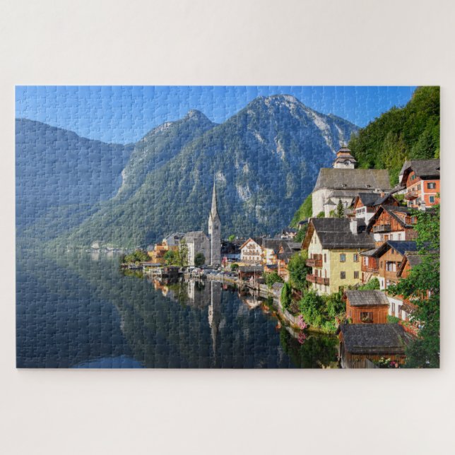 Kirche und Dorf Hallstatt, Österreich mit Alpen Puzzle (Horizontal)