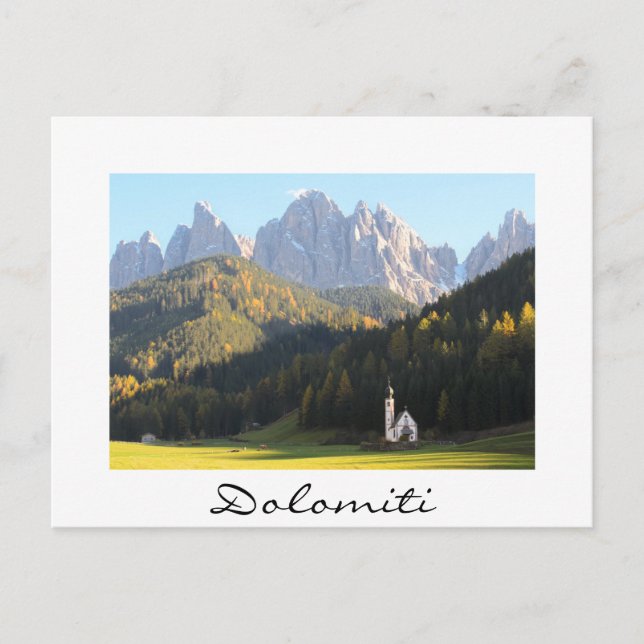 Kirche von Dolomiten Weißer Text auf der Postkarte (Vorderseite)