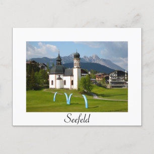 Kirche von Seefeld, weißer Text Postkarte