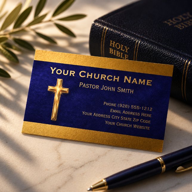 Kirchenpastor Gold Kreuz Indigo Samt Geschäftskart Visitenkarte (PLEASE NOTE: The foil details are simulated in the artwork. No actual foil will be used in product.)