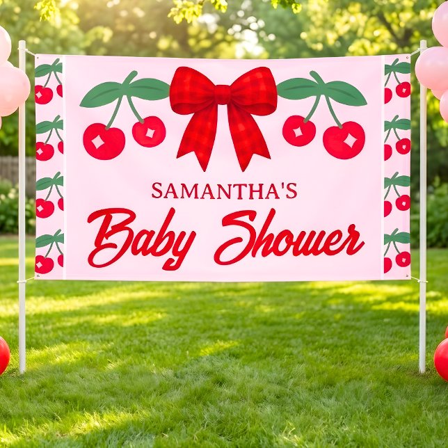 Kirsch-Baby-Party Rot kariert Bogen  Banner (Von Creator hochgeladen)