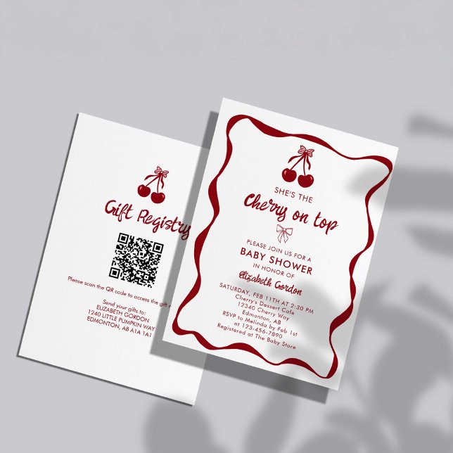 Kirsch-Baby-Shower 2-seitiges QR-Code-Registry Swe Einladung (Von Creator hochgeladen)