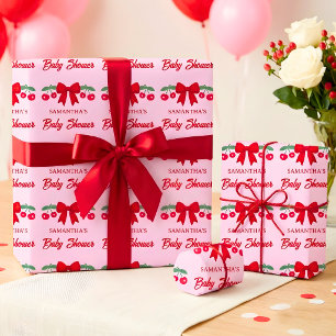 Kirsch-Baby-Shower Rot kariert Schleife Geschenkpapier