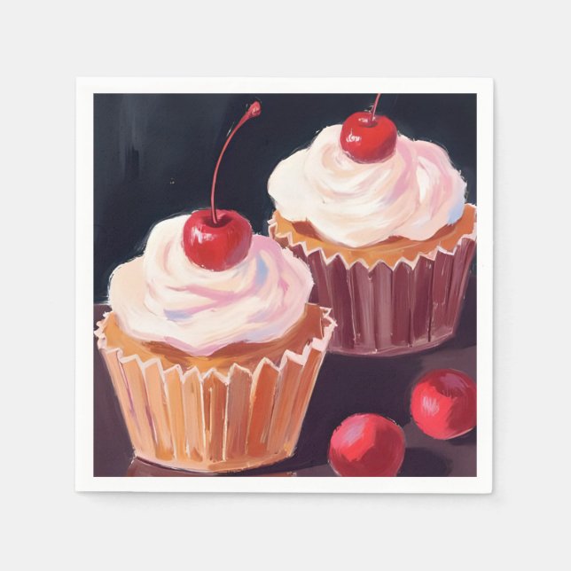 Kirsch-Cupcakes | Wasserfarbenes Feiergemälde Serviette (Vorderseite)
