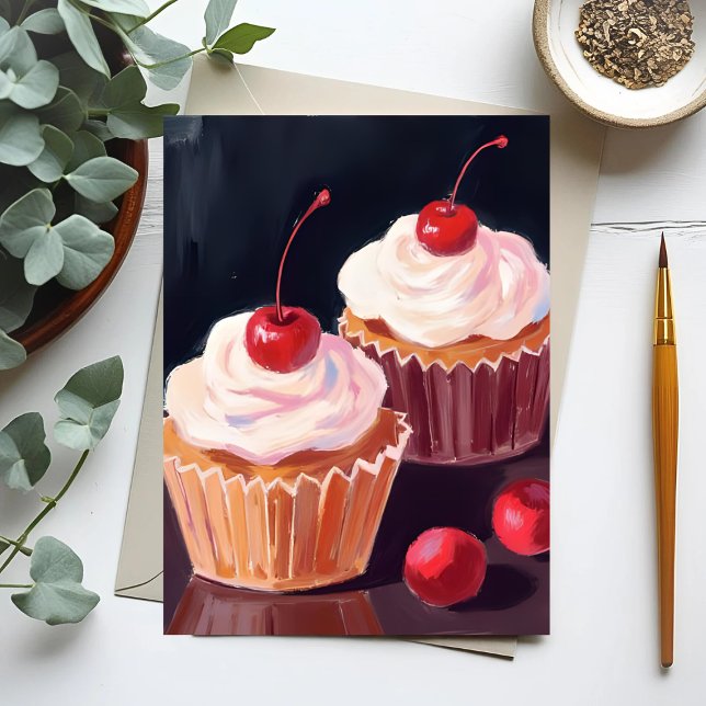 Kirsch-Cupcakes | Wasserfarbenmalerei zum Feiern Postkarte (Von Creator hochgeladen)