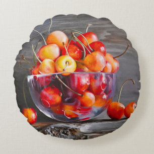 Kirsch-Stillleben in Glas auf gedehntem Leinwanddr Rundes Kissen
