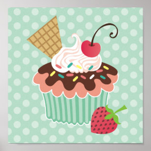 Kirsch-u. Minzen-Kuchen-Leinwand-Druck Poster