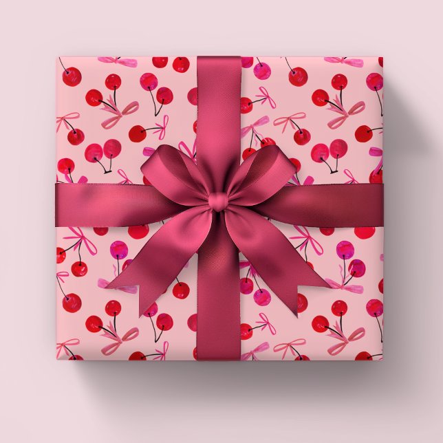 Kirsch- und Schleifenmuster Geschenkpapier (Coquette cherry & bow girly pink wrapping paper rolls. Great for girls birthday or baby shower.)