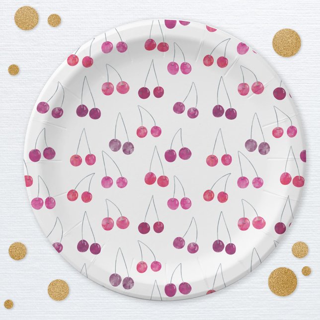 Kirsch-Wasserfarbe Pappteller (Pretty watercolor cherry pattern   party paper plates)