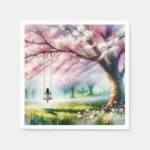 Kirschbaum mit Mädchen auf einer Schaukel Serviette