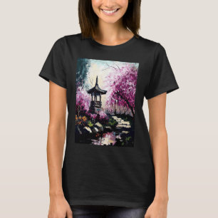 Kirschblumengarten mit Schrein-Teich Französischer T-Shirt