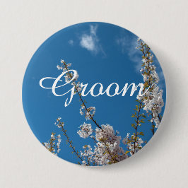 Kirschblüte in blauen Himmel Bräutigam Hochzeitskn Button