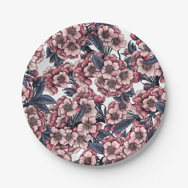Kirschblüte in Rosa und Blau Pappteller (Vorderseite)