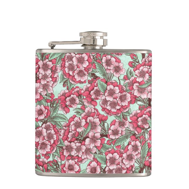 Kirschblüte in Rosa und Minze Flachmann (Vorderseite)