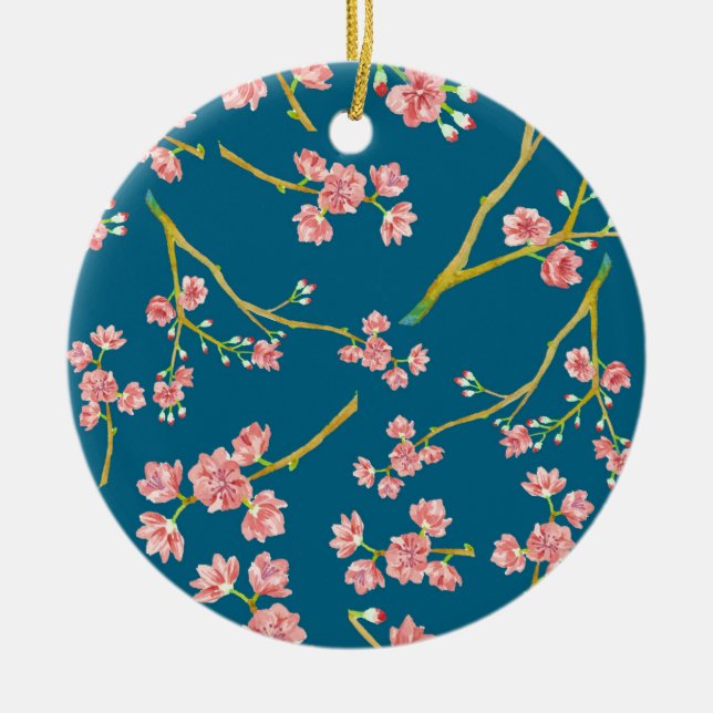 Kirschblüte-Kirschblüten-Druck auf Blau Keramik Ornament (Vorne)