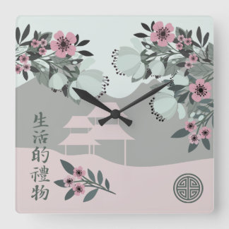 Kirschblüte Rose Blumendruck Asiatische Blumenland Quadratische Wanduhr