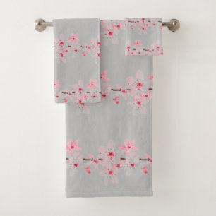 Kirschblüte Sakura Pink Floral Japanisches Grau Badhandtuch Set