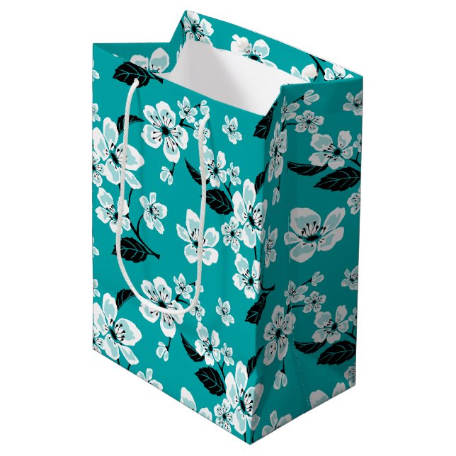 KIRSCHBLÜTE - SAKURA (TÜRKIS) MITTLERE GESCHENKTÜTE (Vorderseite Schrägansicht)