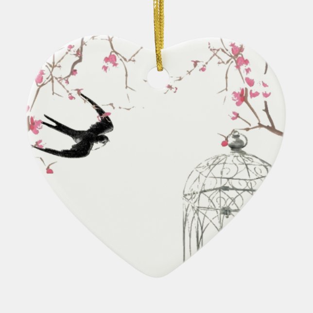 Kirschblüte, Schwalbe, Vogelkäfig Keramikornament (Vorne)