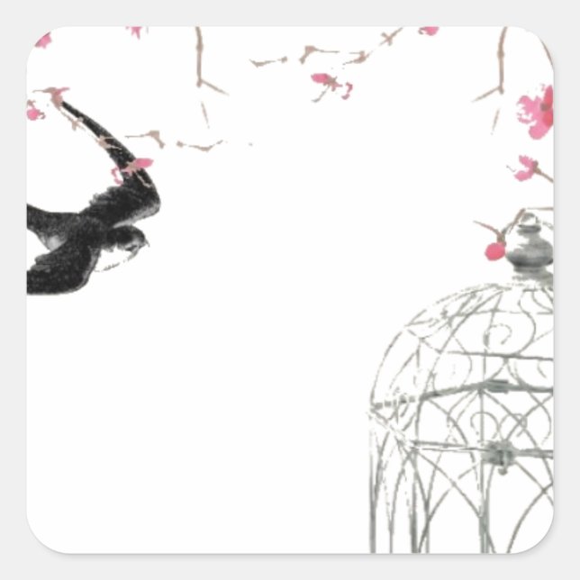 Kirschblüte, Schwalbe, Vogelkäfig Quadratischer Aufkleber (Vorderseite)