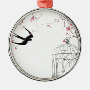 Kirschblüte, Schwalbe, Vogelkäfig Silbernes Ornament