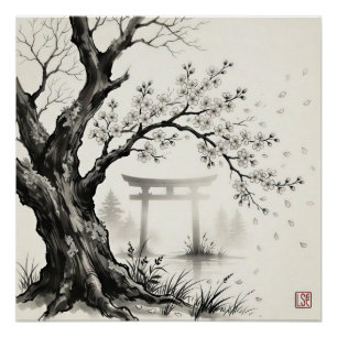 Kirschblüte & Torii-Tor — Japanische Sumi-e-Tusch Poster