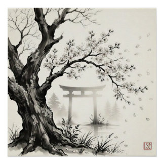 Kirschblüte & Torii-Tor — Japanische Sumi-e-Tusch Poster