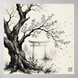Kirschblüte & Torii-Tor — Japanische Sumi-e-Tusch Poster