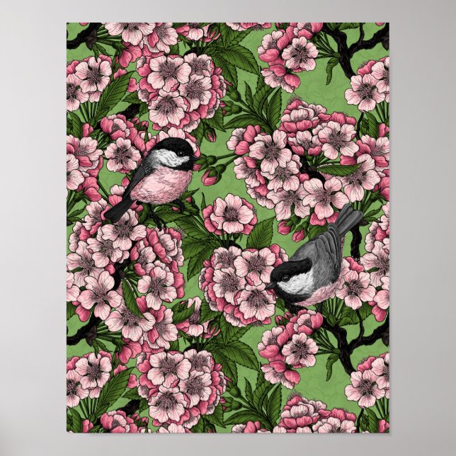 Kirschblüte und Kichererbsen auf Grün Poster (Vorne)