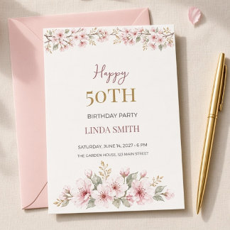 Kirschblüten-Aquarell 50. Geburtstag Einladung