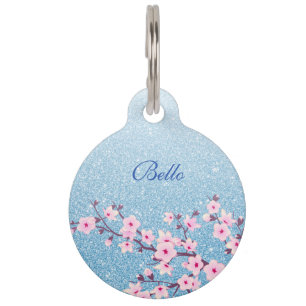 Kirschblüten Blau Glitter Name hinzufügen Haustiermarke