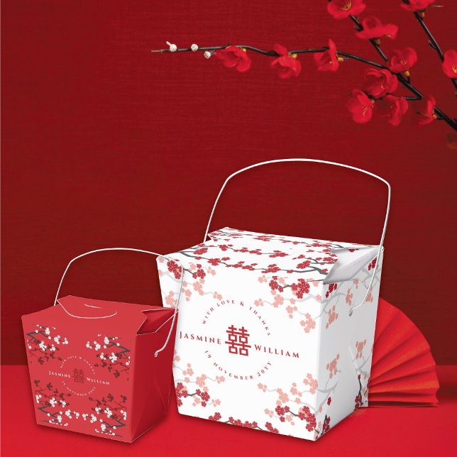 Kirschblüten & Chinesische Hochzeit mit doppeltem  Geschenkschachtel (Red/White Cherry Blossoms Double Happiness Chinese Wedding Party Favor Boxes @ fatfatin_red_knot)