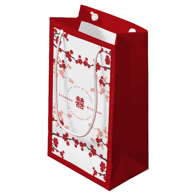 Kirschblüten & Chinesische Hochzeit mit doppeltem  Kleine Geschenktüte (Vorderseite Schrägansicht)