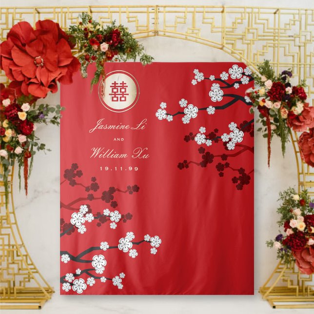 Kirschblüten Chinesisches Hochzeitrotes Foto Hinte Wandteppich (White Cherry Blossoms Gold Double Happiness, Chinese Wedding Backdrop Tapestry @ fatfatin_red_knot)