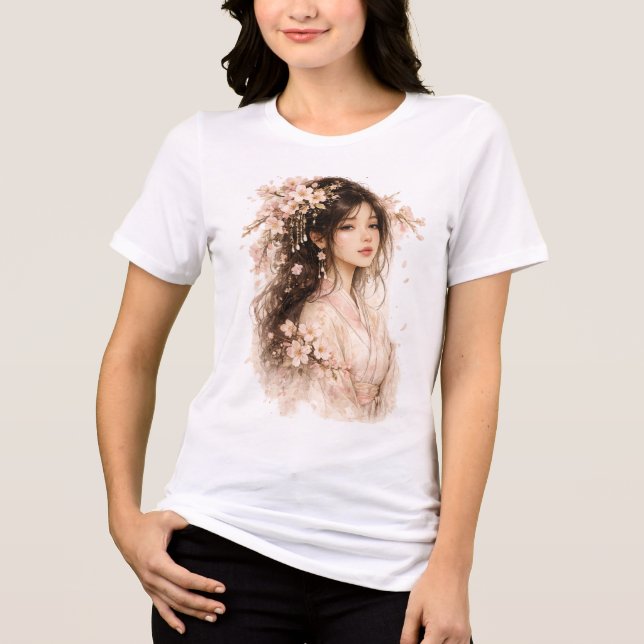 Kirschblüten-Dame Tri-Blend Shirt (Vorderseite)