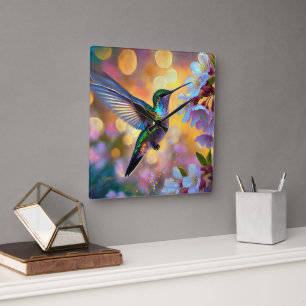 Kirschblüten-Fantasie-Kolibri Quadratische Wanduhr