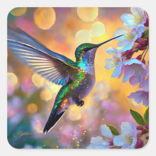 Kirschblüten-Fantasie-Kolibri Quadratischer Aufkleber