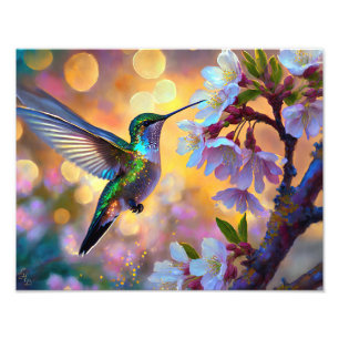 Kirschblüten-Fantasie-Sonnenaufgang Kolibri Fotodruck