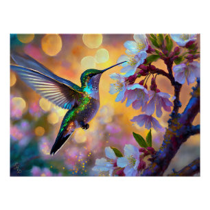 Kirschblüten-Fantasie-Sonnenaufgang Kolibri Poster