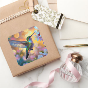 Kirschblüten-Fantasie-Sonnenaufgang Kolibri Quadratischer Aufkleber